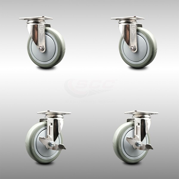 5 Inch 316SS Gray Polyurethane Wheel Swivel Top Plate Caster Brakes SCC, 2PK